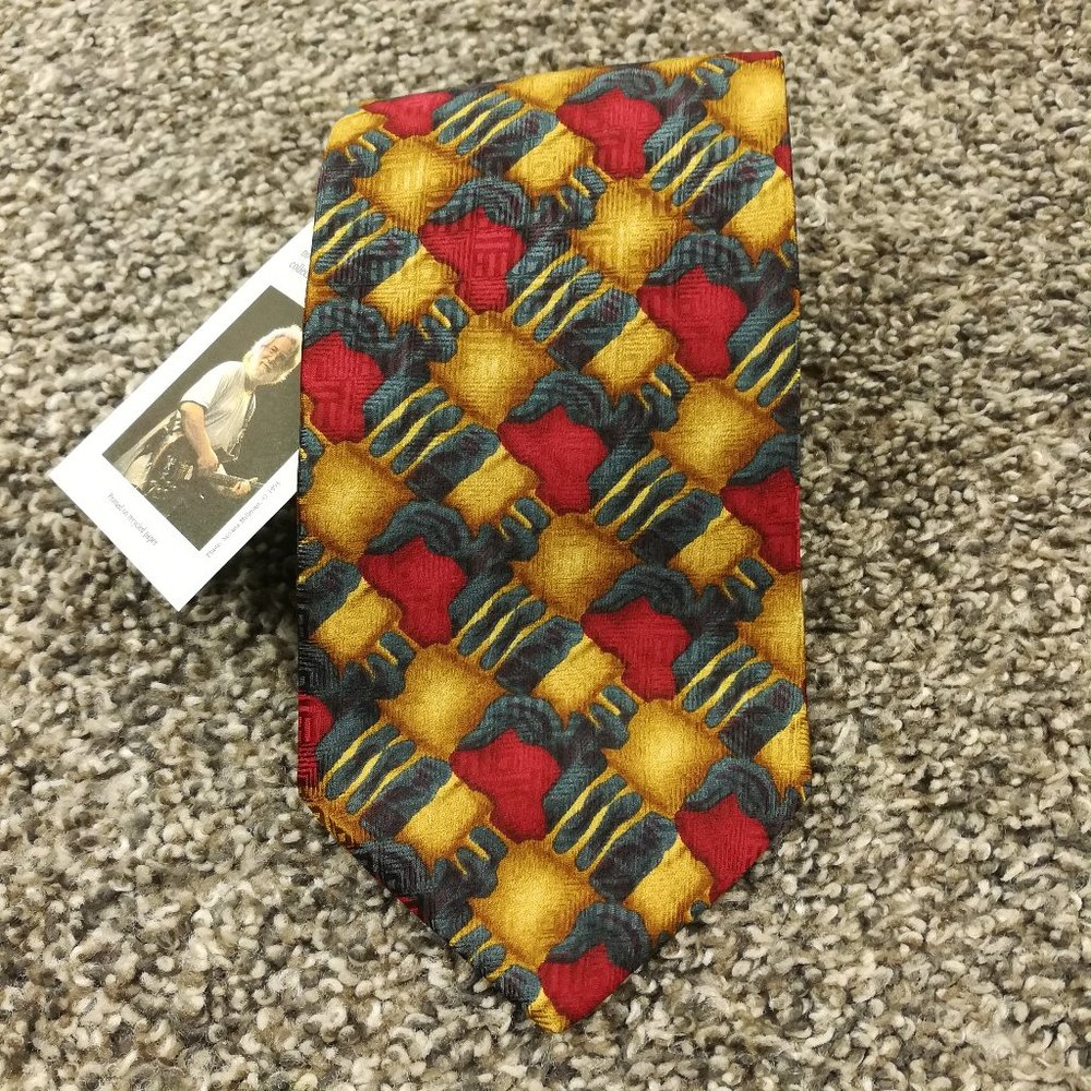 NWT Vintage 1993 J. Garcia Neck Tie Silk Gold Red Checked 54L 3.75W